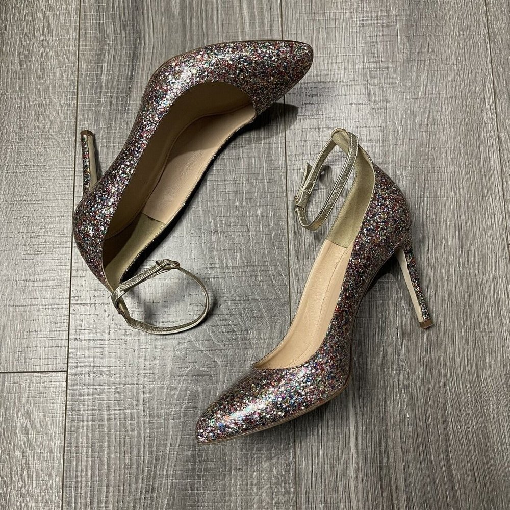 J Crew Coated Glitter Pumps Ankle Strap Multi Colored Stiletto Heel F4872 Sz 7.5